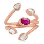 Oval Ruby Bezel Set  Natural Rose Cut Diamond Between The Finger Ring Made In Rose Gold