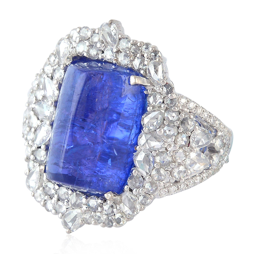 Cushion Tanzanite Uncut & Rose Diamond Cocktail Ring In 18k White Gold