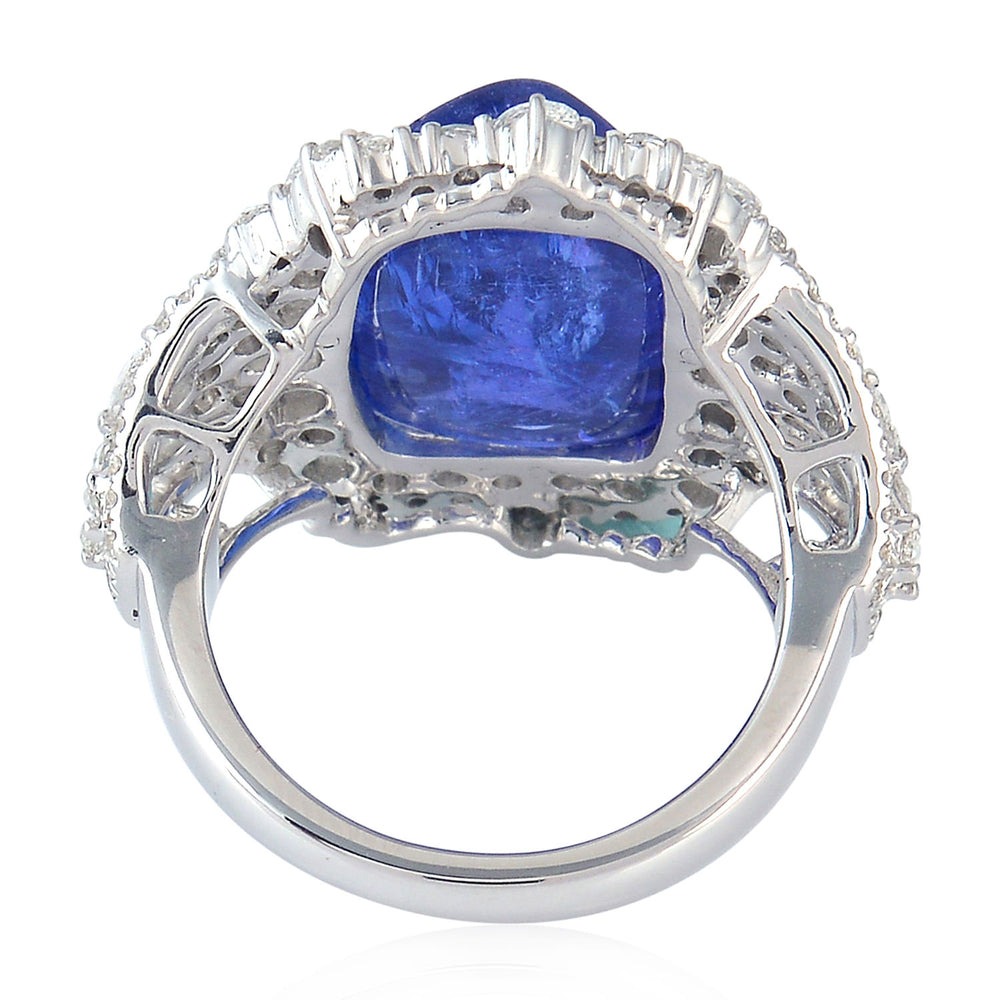 Cushion Tanzanite Uncut & Rose Diamond Cocktail Ring In 18k White Gold