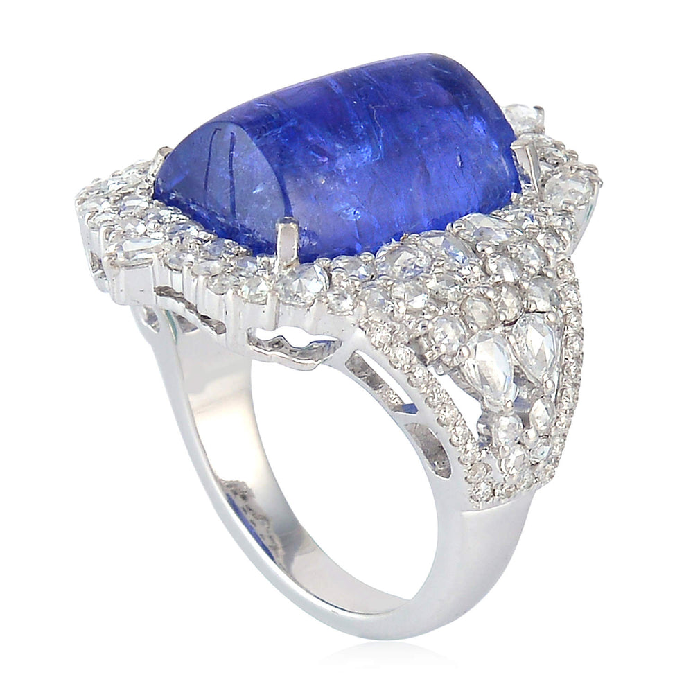 Cushion Tanzanite Uncut & Rose Diamond Cocktail Ring In 18k White Gold