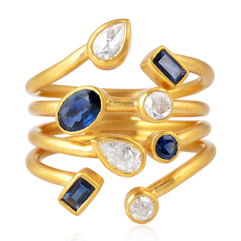 Natural Blue Sapphire Bezel Set Rose Cut Diamond Classic Bypass Ring In Solid Yellow Gold