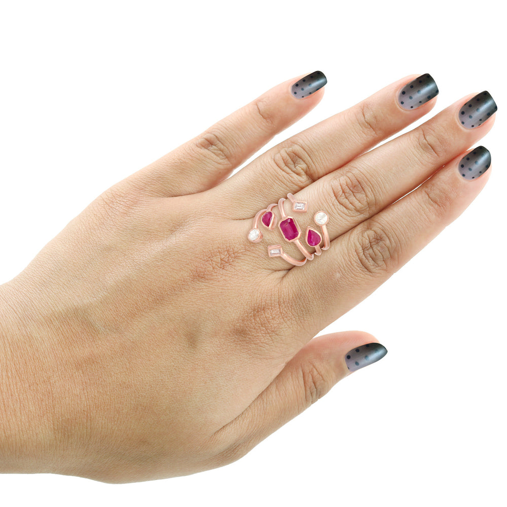 18k Rose Gold Bezel Ruby Rose Cut Diamond Spiral Ring Women Gift