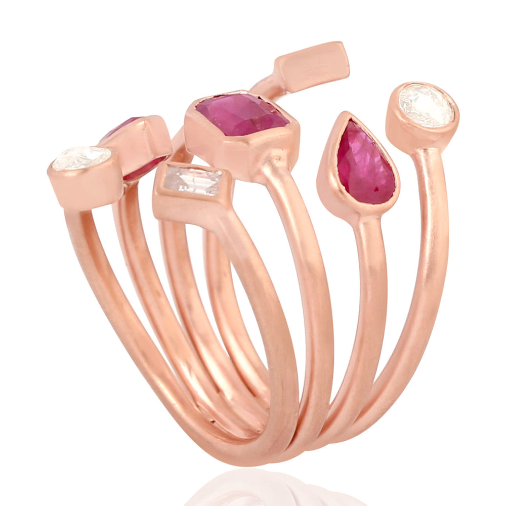 18k Rose Gold Bezel Ruby Rose Cut Diamond Spiral Ring Women Gift