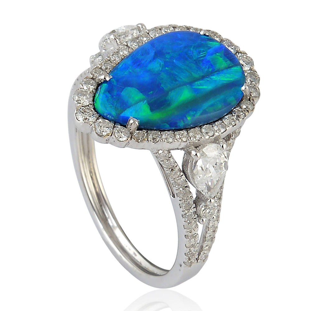 18K White Gold Drop Opal Doublet Natural Diamond Studded Ring For Christmas Gifts