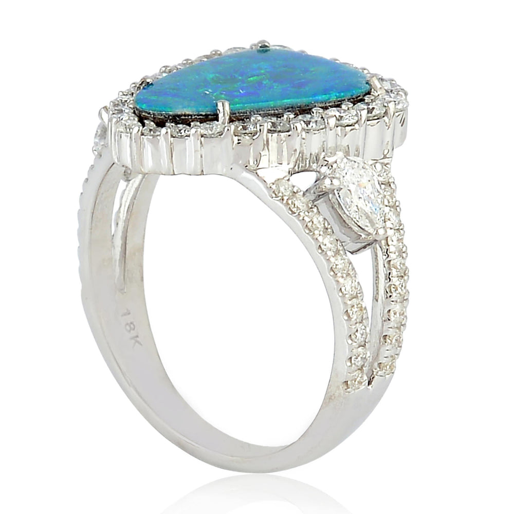 18K White Gold Micro Pave Diamond Mix Opal Doublet Cocktail Ring For Her