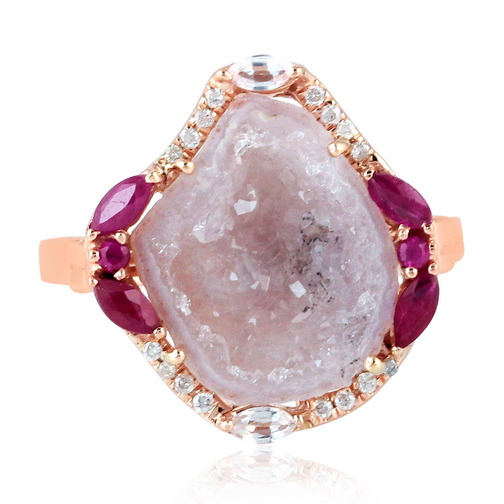 Marquise Sapphire Ruby Uneven Geode Pave Diamond 18K Rose Gold Antique Ring