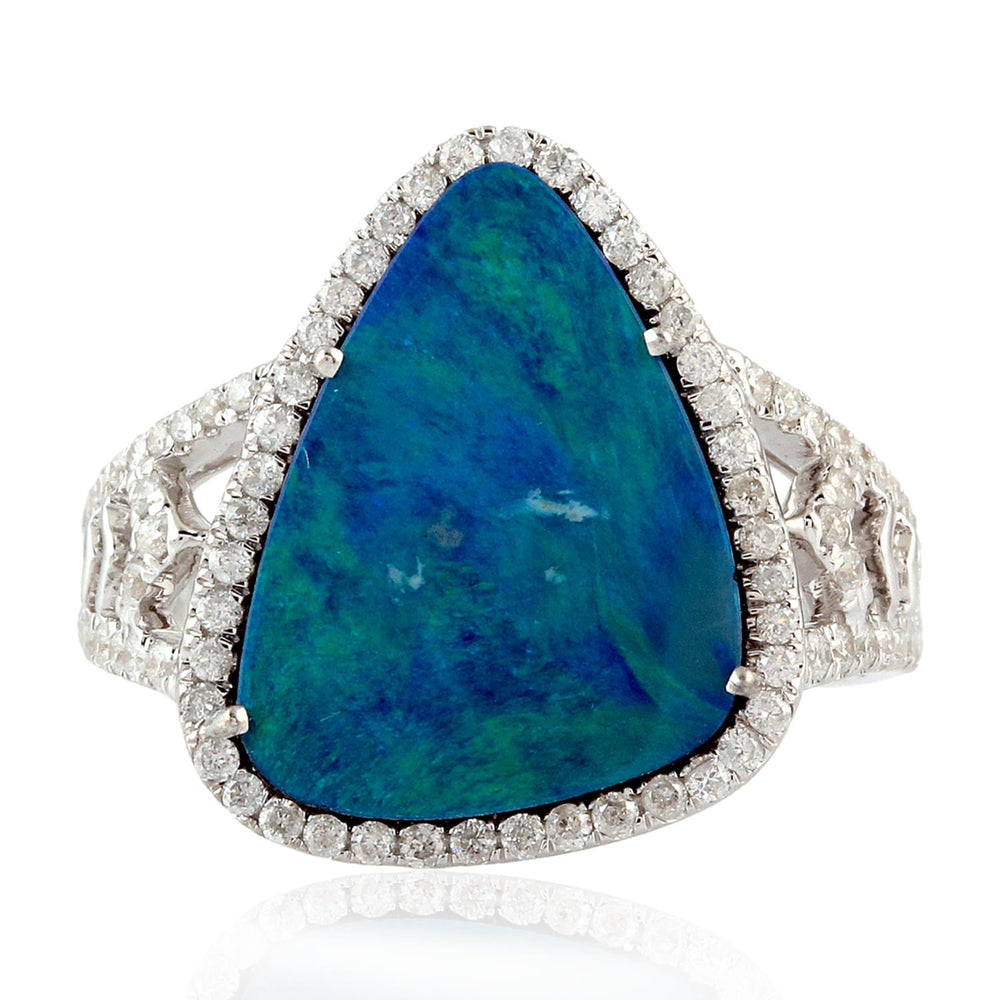 18K White Gold Triangle Opal Doublet Pave Diamond Designer Ring For Women's