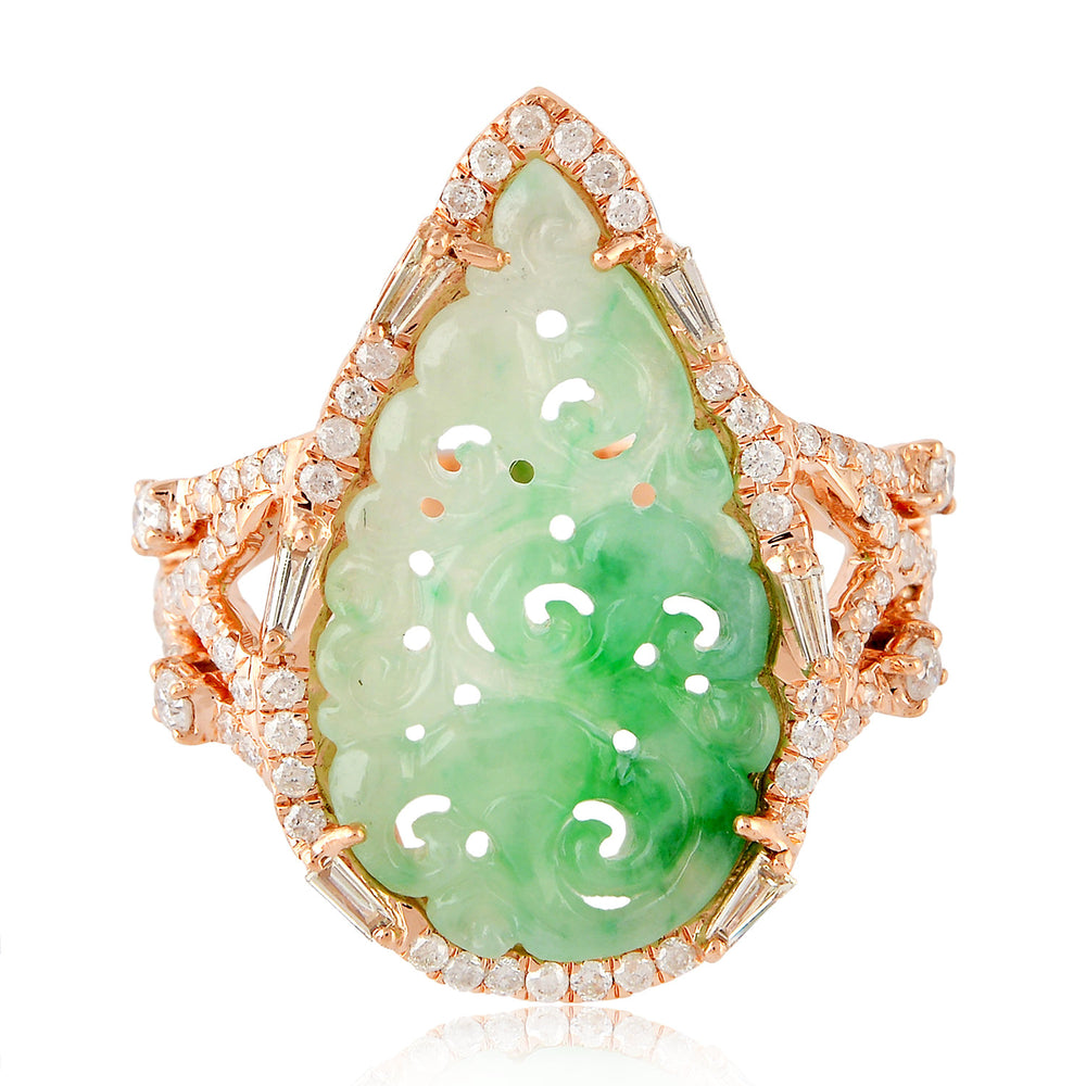 18K Rose Gold Prong Baguette Diamond Carving Jade Drop Ring For Wedding Gifts