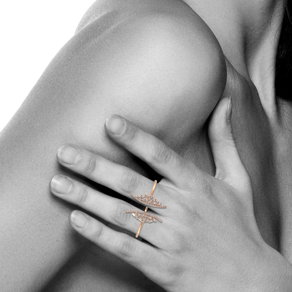 18K Rose Gold Butterfly Open Two Finger Ring with Baguette & Pave Diamond