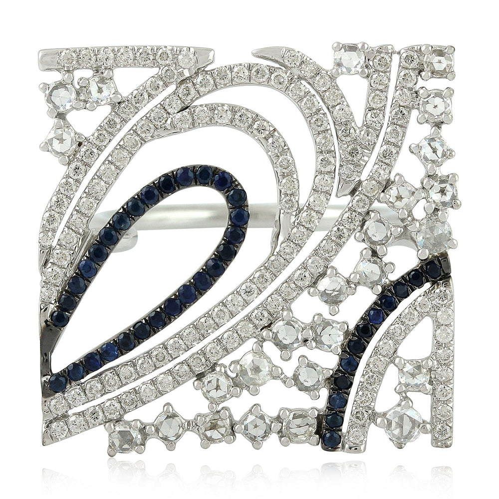 Blue Sapphire Micro Pave Uncut Diamond Square Ring in 18K White Gold