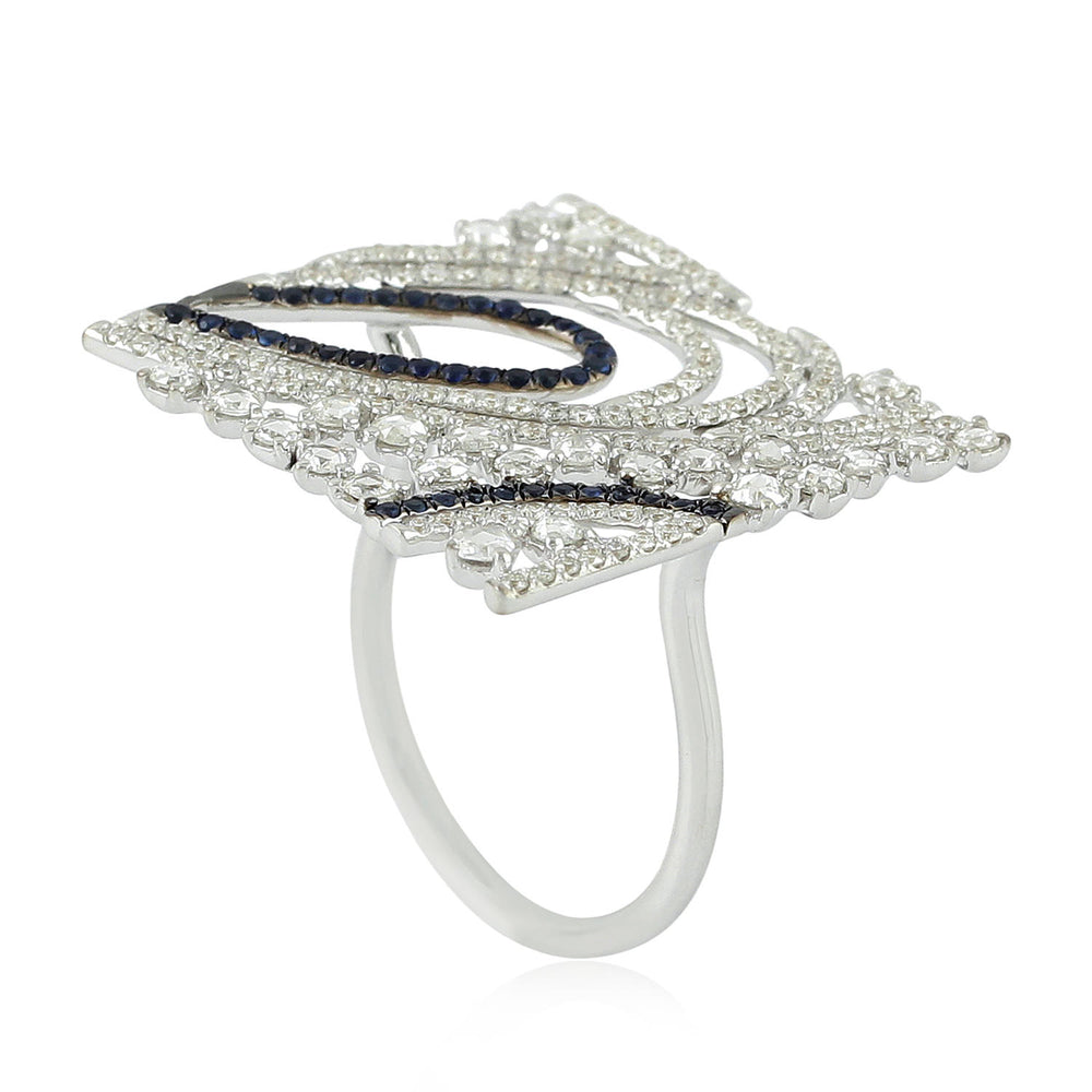 Blue Sapphire Micro Pave Uncut Diamond Square Ring in 18K White Gold