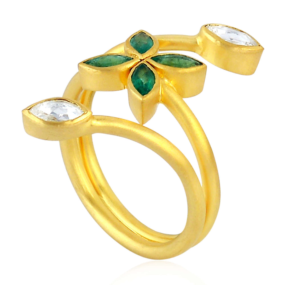 18K Yellow Gold Marquise Emerald Bezel Set Rose Cut Diamond Designer Ring For Women's