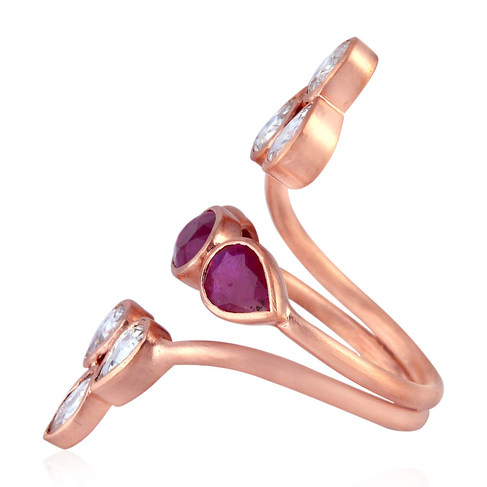 Bezel Set Ruby July Birthstone Uncut Diamond Spiral Ring in 18k Rose Gold