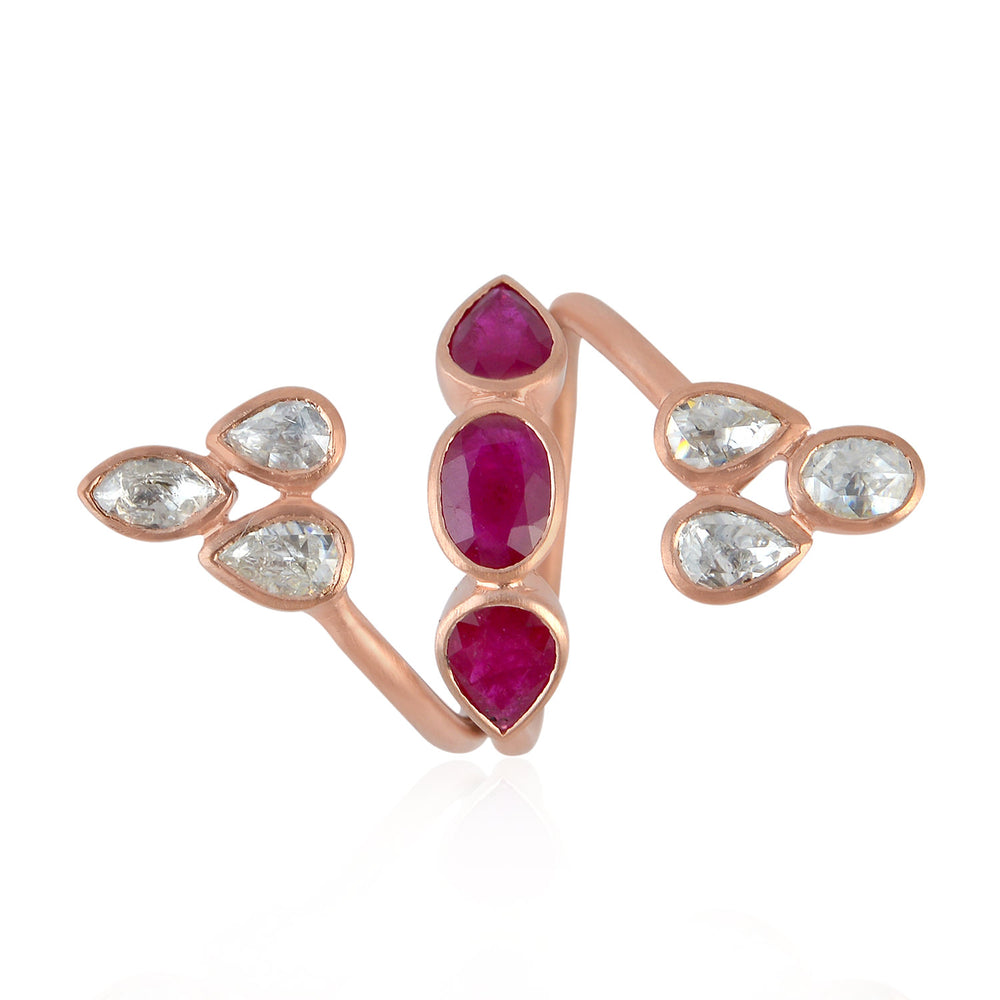 Bezel Set Ruby July Birthstone Uncut Diamond Spiral Ring in 18k Rose Gold