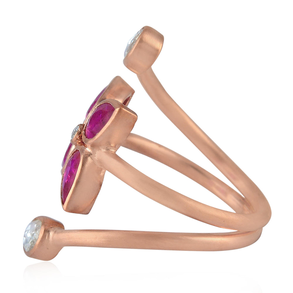 Pear Cut Ruby Bezel Uncut Diamond Floral Spiral Ring In 18k Rose Gold
