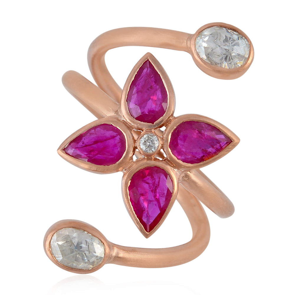 Pear Cut Ruby Bezel Uncut Diamond Floral Spiral Ring In 18k Rose Gold