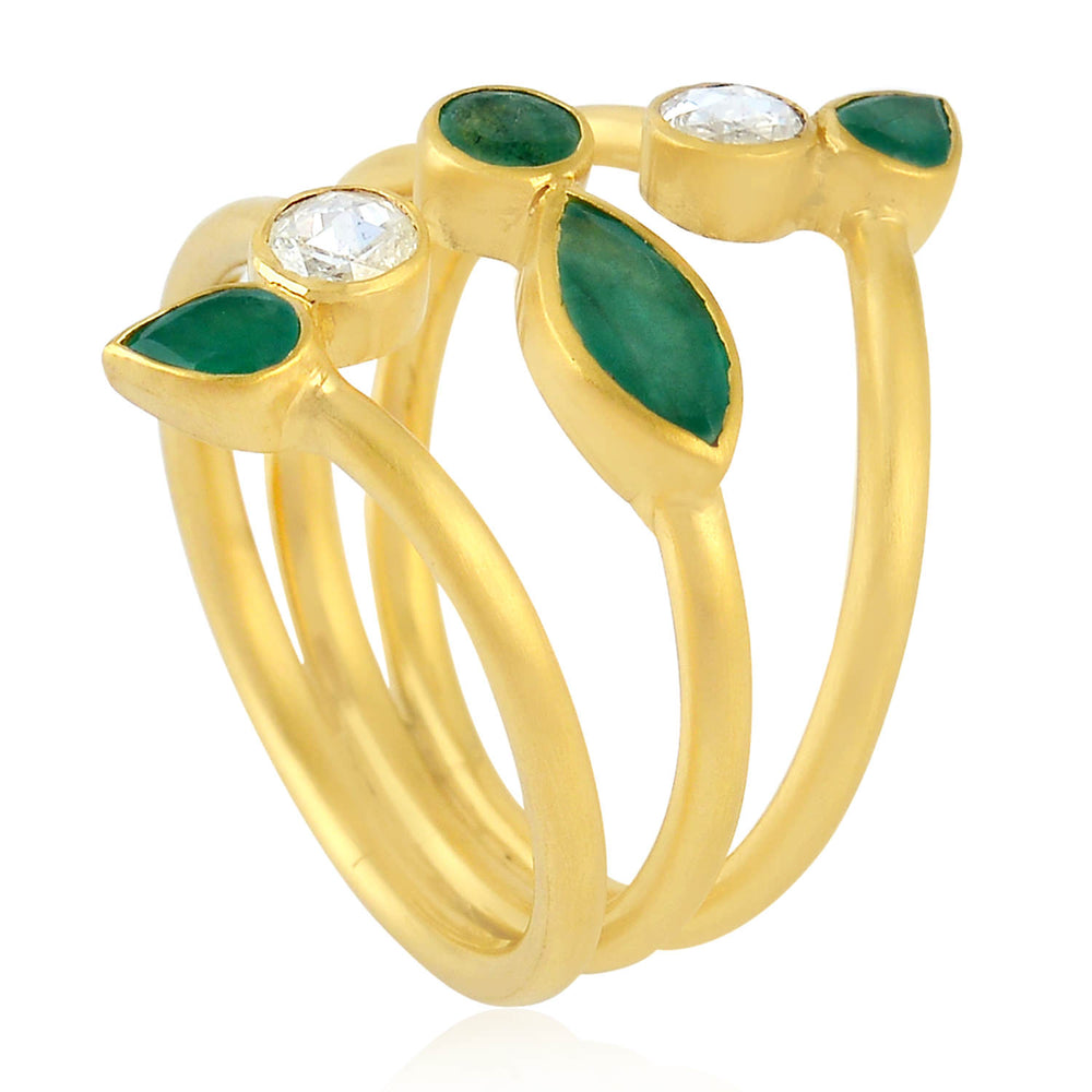 18K Yellow Gold Bezel Set Rose Cut Diamond Between the Finger Ring Natural Emerald Jewelry