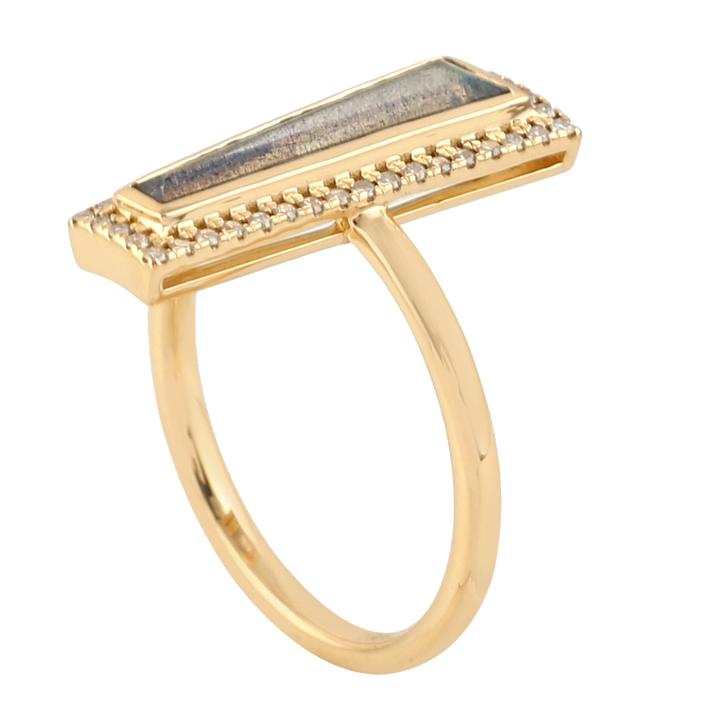18k Yellow Gold Tapered Labradorite Gemstone Pave Diamond Long Ring
