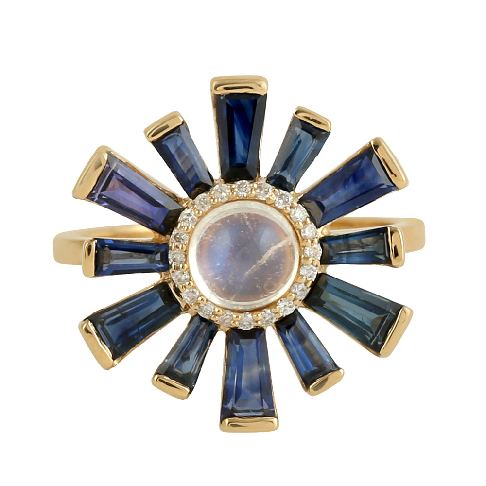 Baguette Blue Sapphire Round Moonstone Pave Diamond Sunburst Ring In Gold