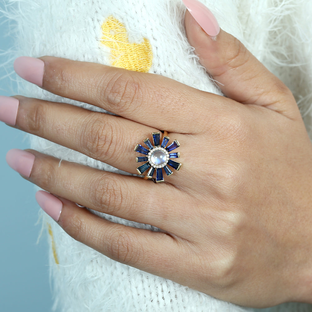Baguette Blue Sapphire Round Moonstone Pave Diamond Sunburst Ring In Gold