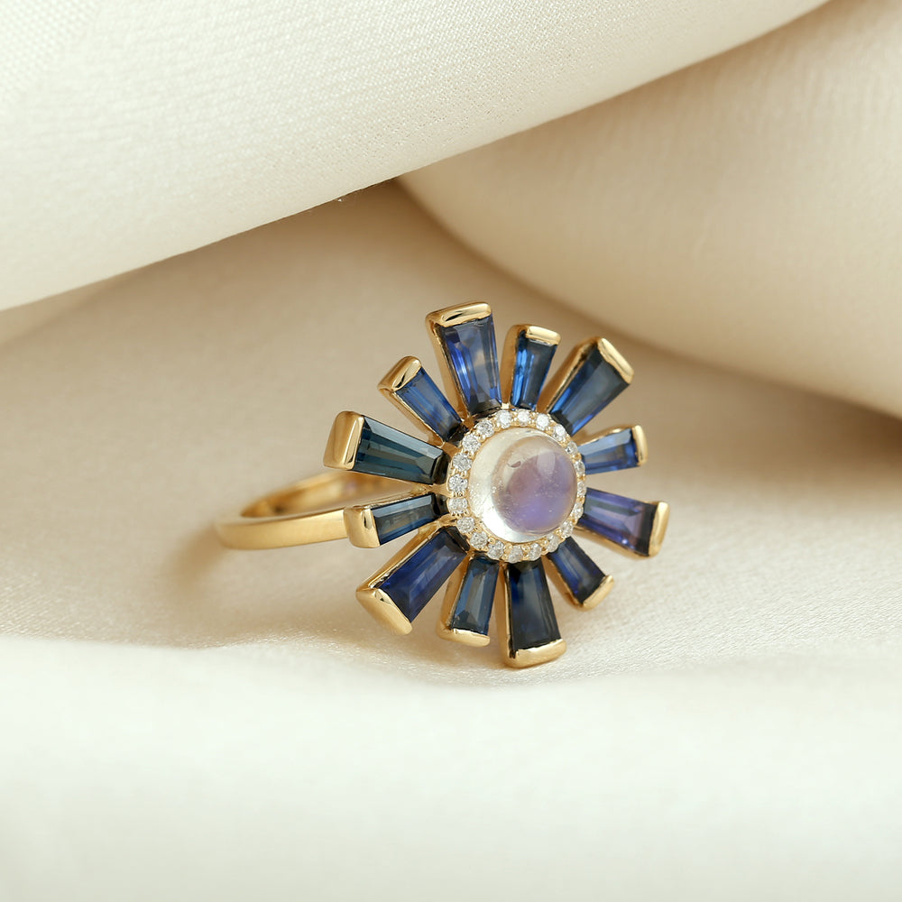 Baguette Blue Sapphire Round Moonstone Pave Diamond Sunburst Ring In Gold