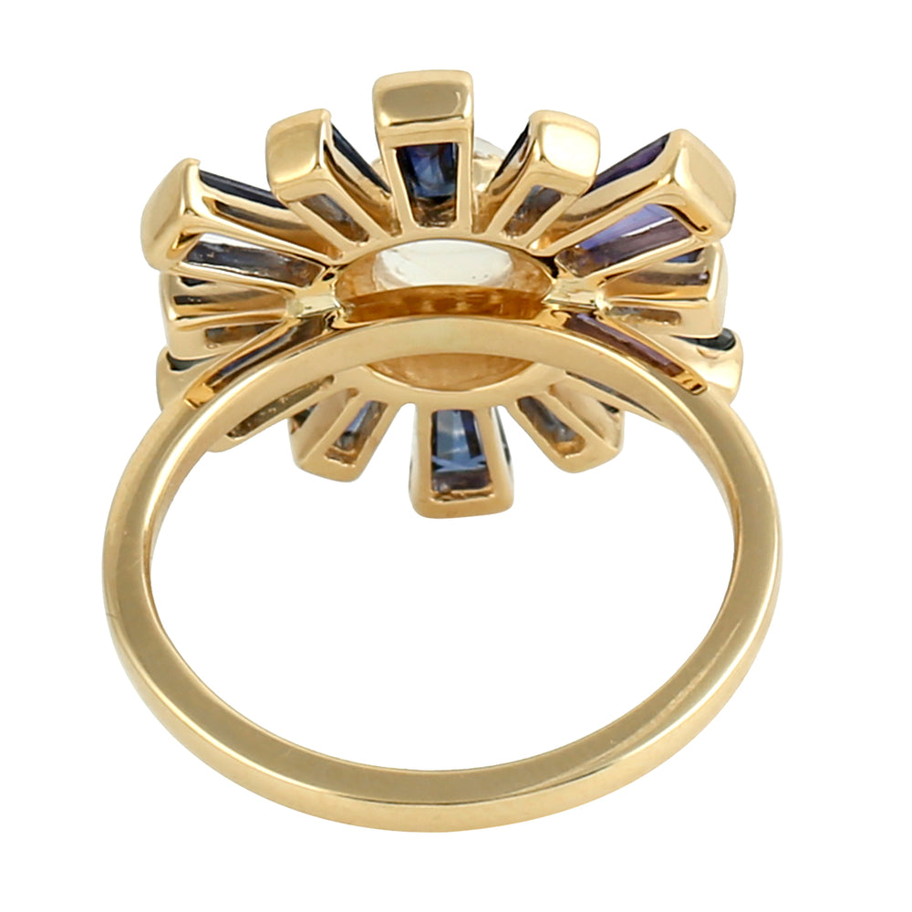 Baguette Blue Sapphire Round Moonstone Pave Diamond Sunburst Ring In Gold