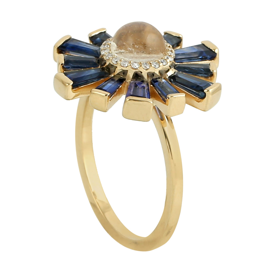 Baguette Blue Sapphire Round Moonstone Pave Diamond Sunburst Ring In Gold