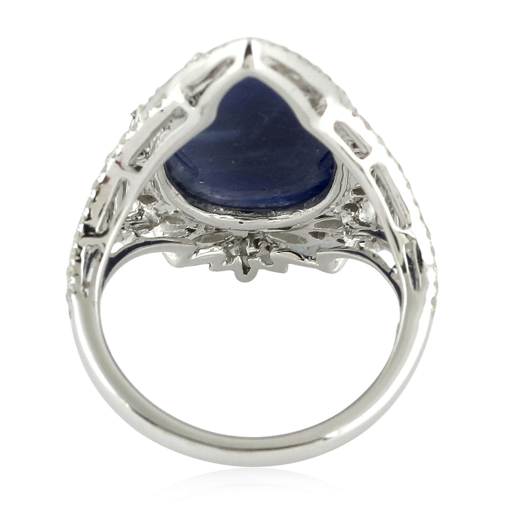 Pear Cut Blue Sapphire September Birthstone Rose Cut Diamond 18K White Gold Handmade Jewelry