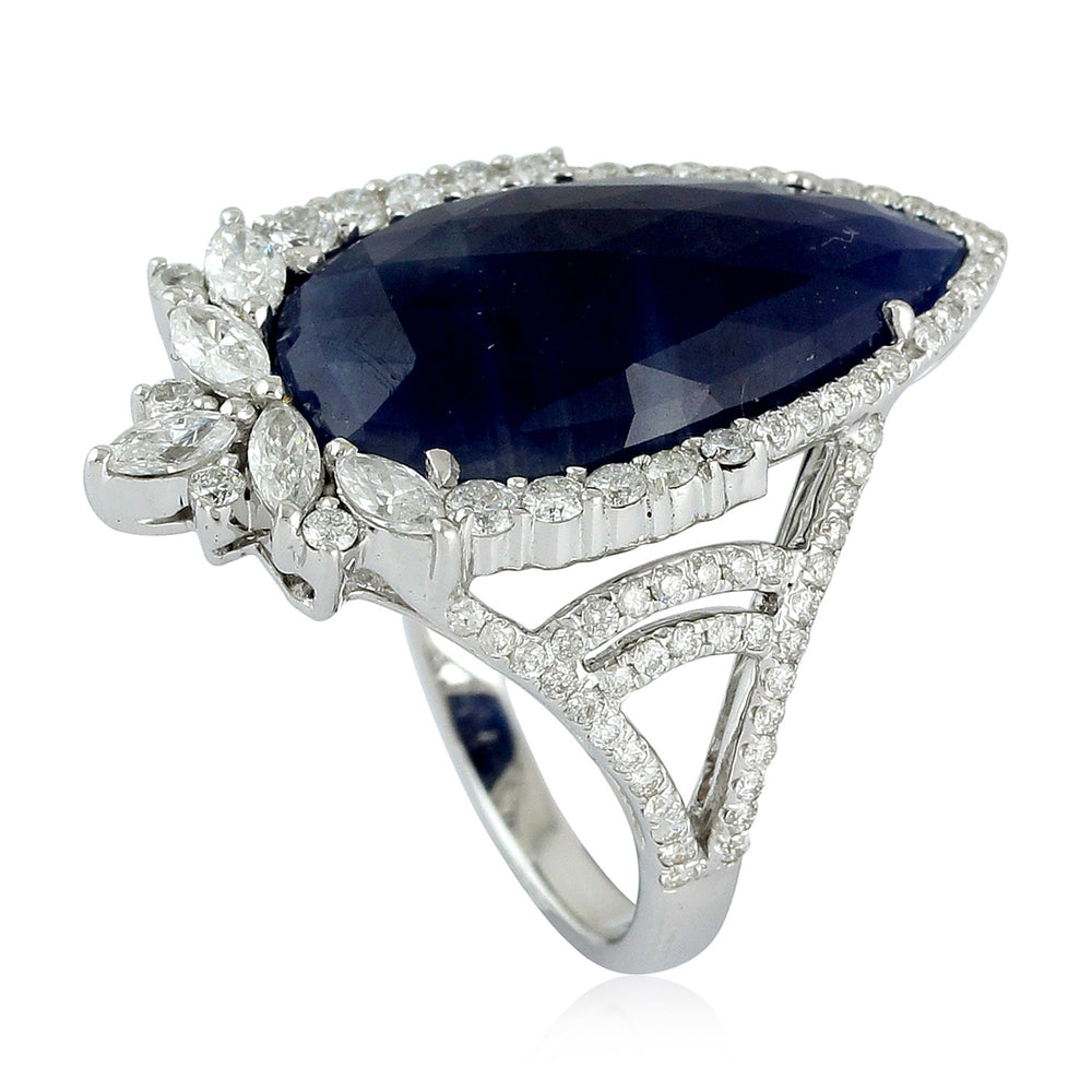 Pear Cut Blue Sapphire September Birthstone Rose Cut Diamond 18K White Gold Handmade Jewelry