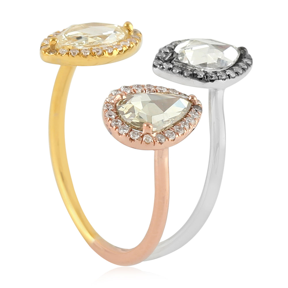 Natural Rose Cut Diamond 3 Tone Gold 18K White Yellow Rose Between The Finger Ring Jewelry