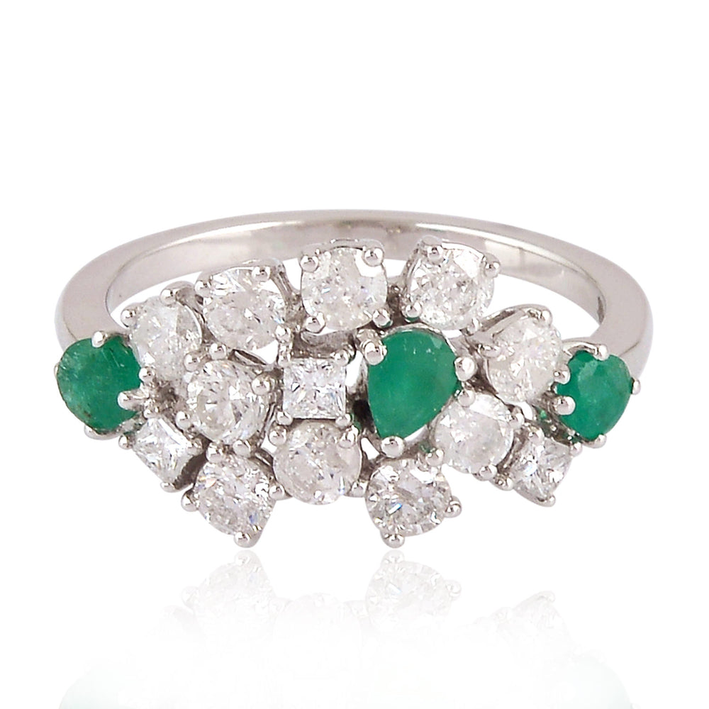 Emerald Gemstone & Rose Cut Diamond Cluster Ring in 18K White Gold