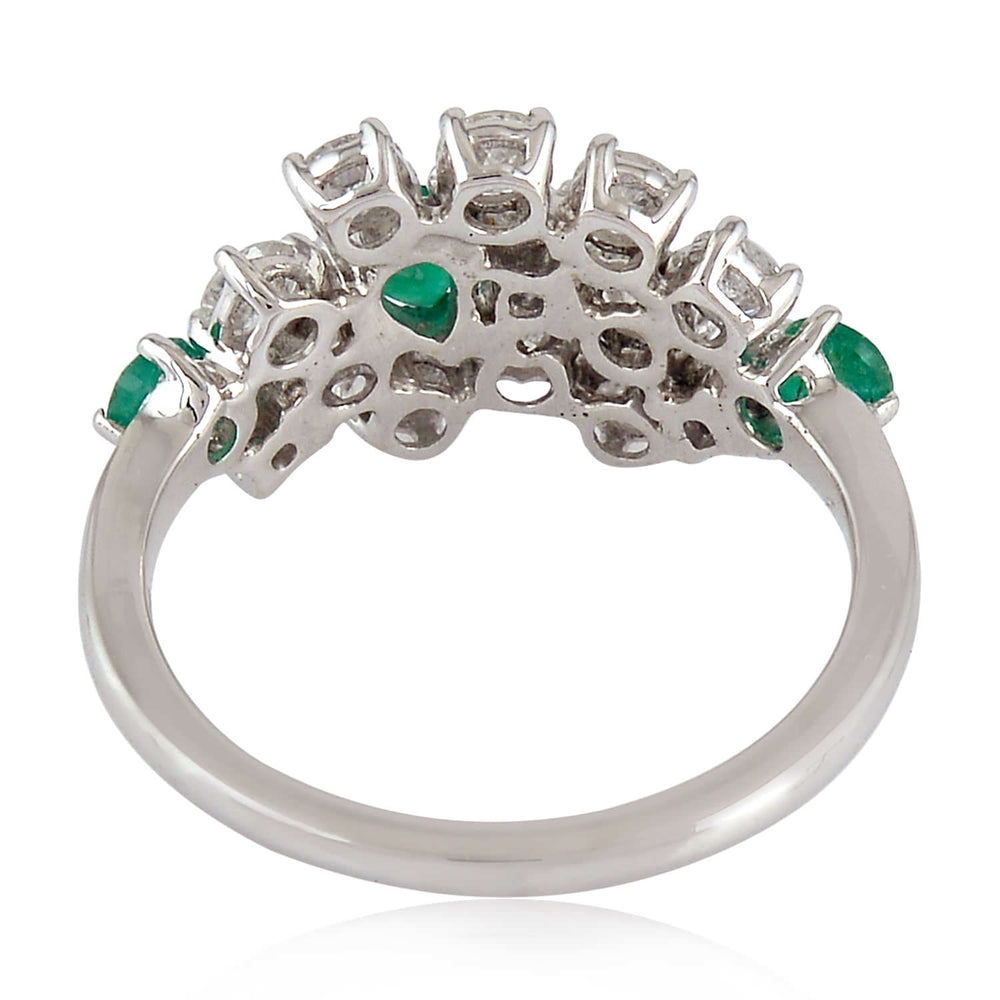 Emerald Gemstone & Rose Cut Diamond Cluster Ring in 18K White Gold