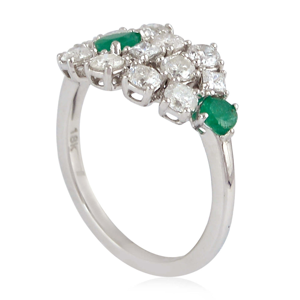Emerald Gemstone & Rose Cut Diamond Cluster Ring in 18K White Gold