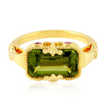 18K Yellow Gold Octagon Peridot August Birthstone Round Ruby Pave Diamond Designer Ring Jewelry