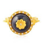 Blue Sapphire Ball Natural Bezel Diamond Designer Ring 18K Yellow Gold For Her