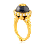 Blue Sapphire Ball Natural Bezel Diamond Designer Ring 18K Yellow Gold For Her