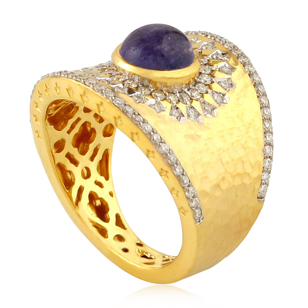 Tanzanite Gemstone Pave Diamond Designer Band Ring In 18K Yellow Gold