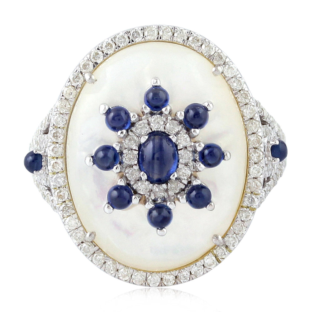 Oval Round Blue Sapphire Prong MOP Micro Pave Natural Diamond Antique Ring 18K White Gold