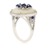 Oval Round Blue Sapphire Prong MOP Micro Pave Natural Diamond Antique Ring 18K White Gold