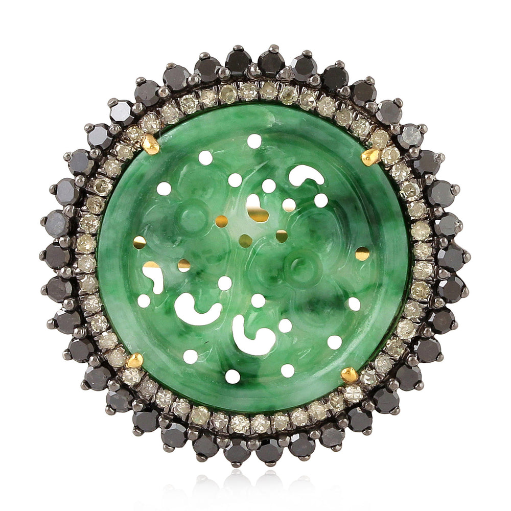 Black & White Diamond Cocktail Ring with Carved Jade – Two-Tone Gold & Silver Design