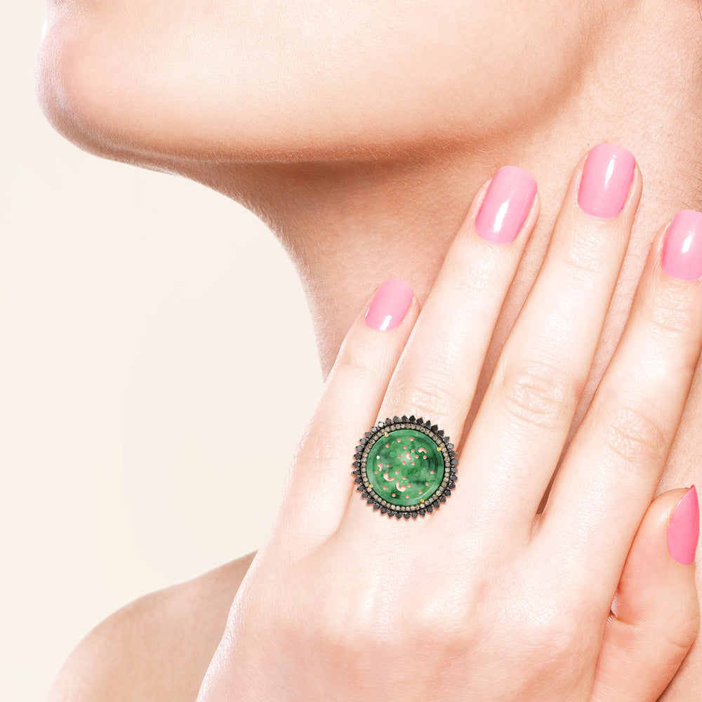 Black & White Diamond Cocktail Ring with Carved Jade – Two-Tone Gold & Silver Design