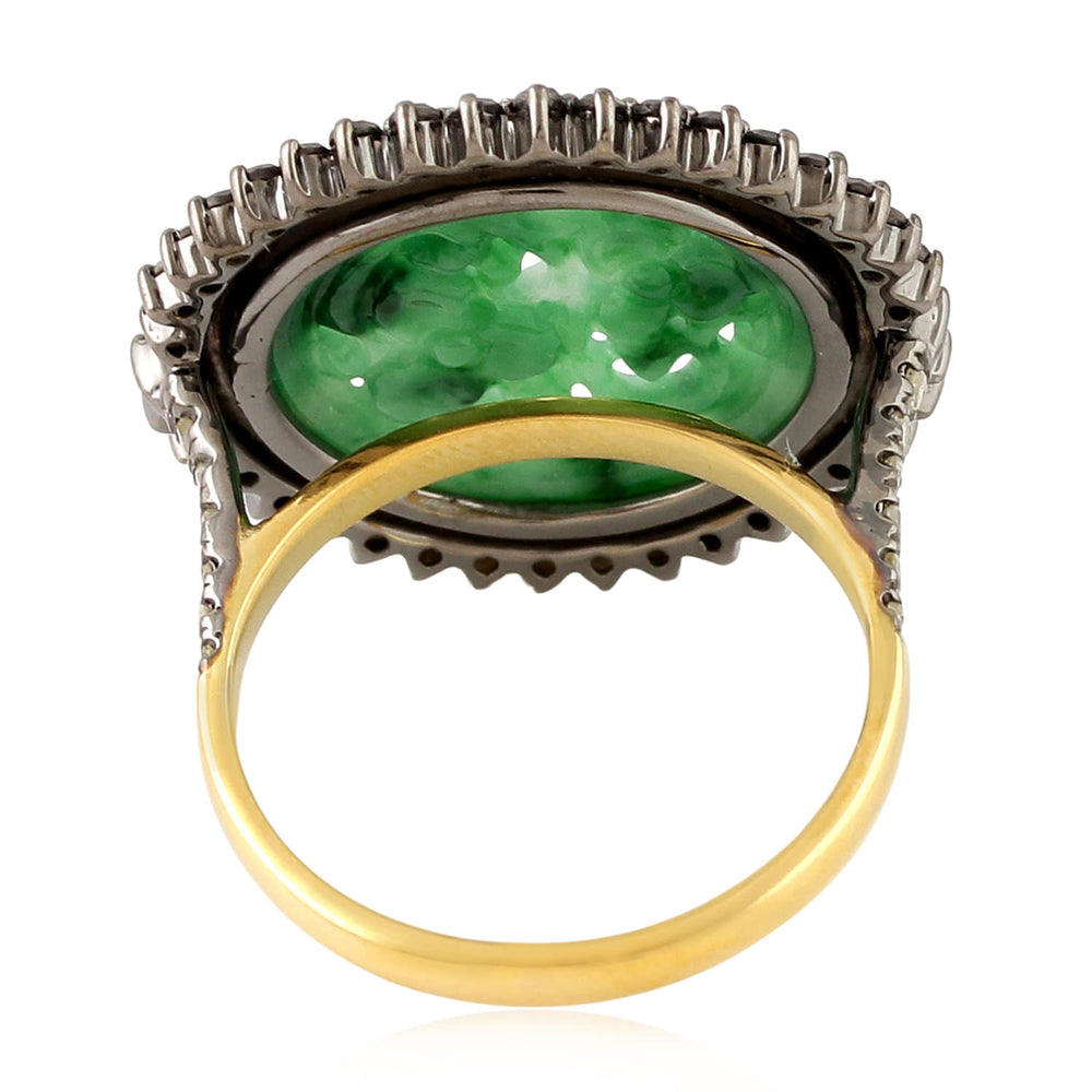 Black & White Diamond Cocktail Ring with Carved Jade – Two-Tone Gold & Silver Design