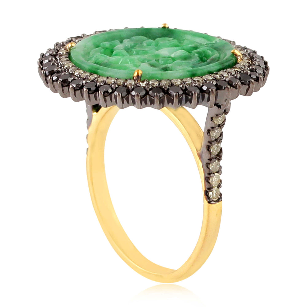 Black & White Diamond Cocktail Ring with Carved Jade – Two-Tone Gold & Silver Design