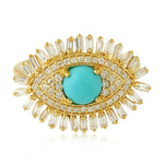 18K Yellow Gold Prong Natural Baguette Diamond Round Turquoise Evil Eye Ring Jewelry For Her