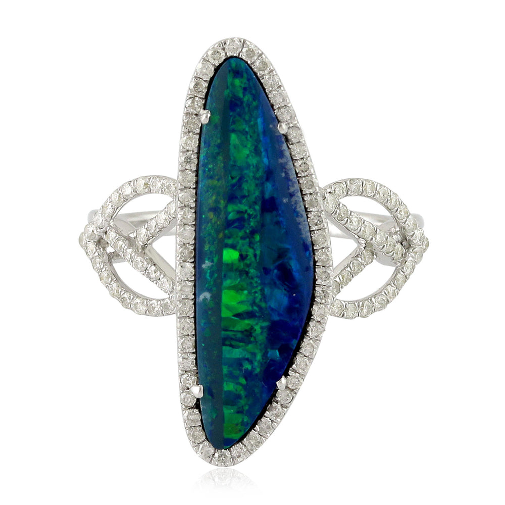 Cabouchon Opal Doublet Micro Pave Diamond Designer Ring Made In 18K White Gold Jewelry