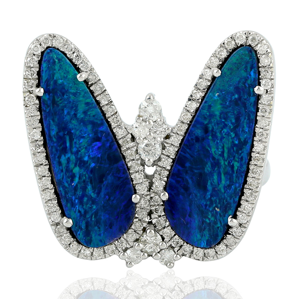 18K White Gold Prong Natural Diamond Oval Opal Doublet Butterfly Design Ring For Christmas Gifts