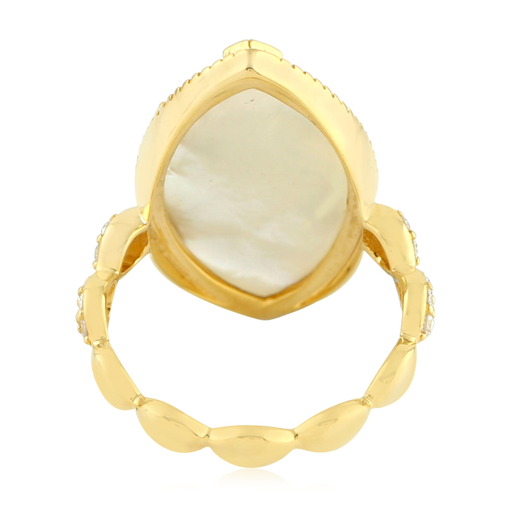 Bezel Set MOP Gemstone Prong Diamond Beautiful Long Ring In Yellow Gold