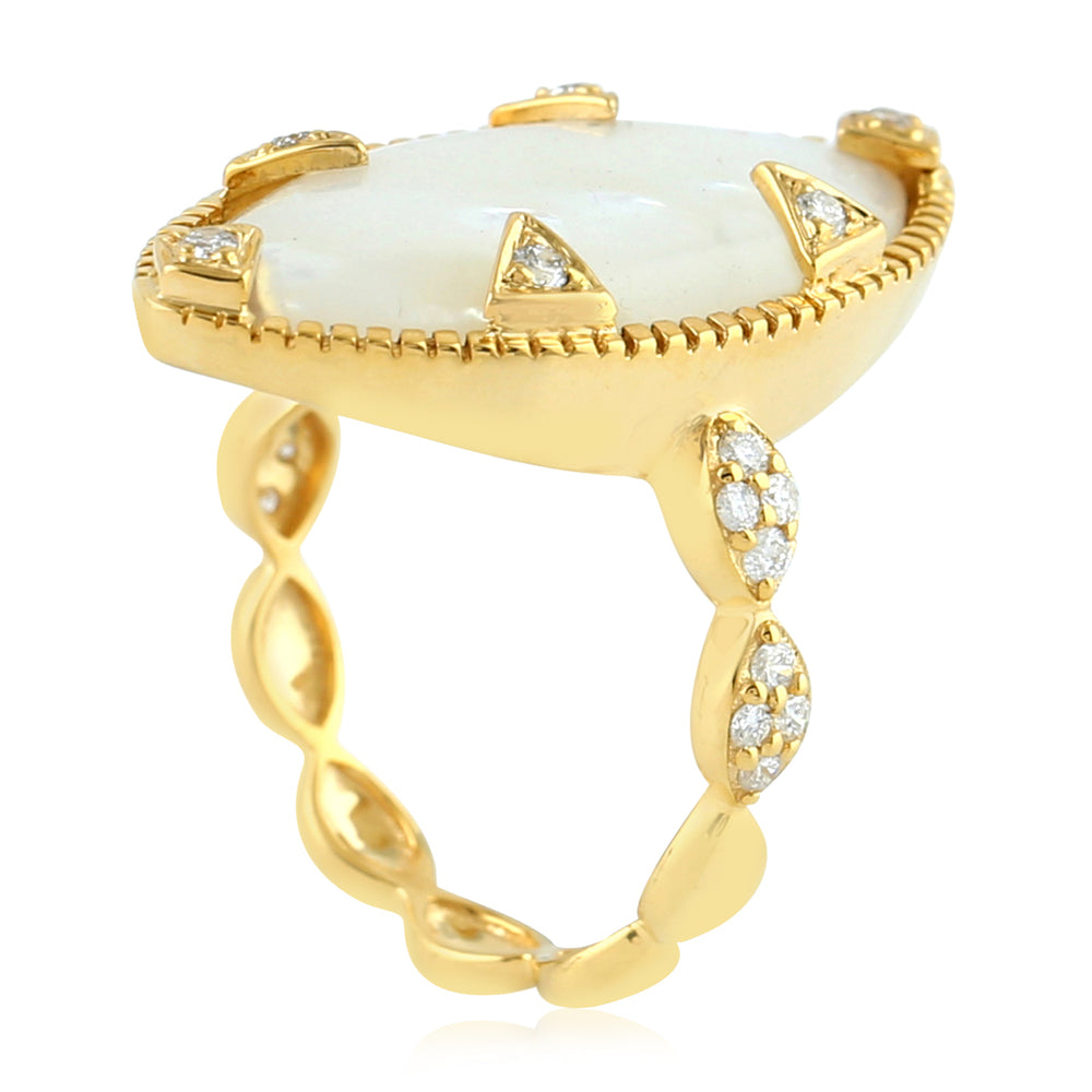 Bezel Set MOP Gemstone Prong Diamond Beautiful Long Ring In Yellow Gold