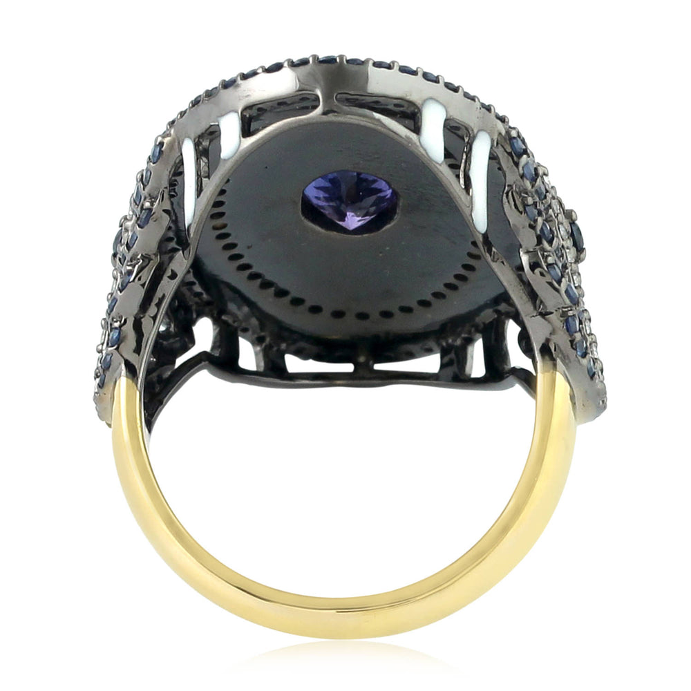 Tanzanite Pave Blue Sapphire Diamond Enamel Long Ring In Yellow Gold 925 Silver