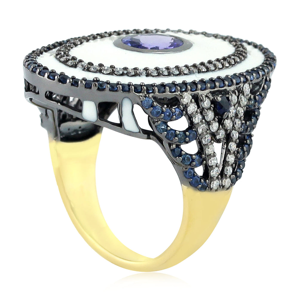 Tanzanite Pave Blue Sapphire Diamond Enamel Long Ring In Yellow Gold 925 Silver